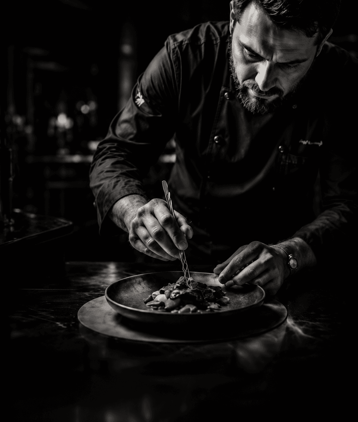 Chef meticulously plating a dish